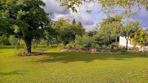 A well-maintained garden with a variety of trees and a bench. - Villa Kopp - Das Gästehaus (Höpfingen)