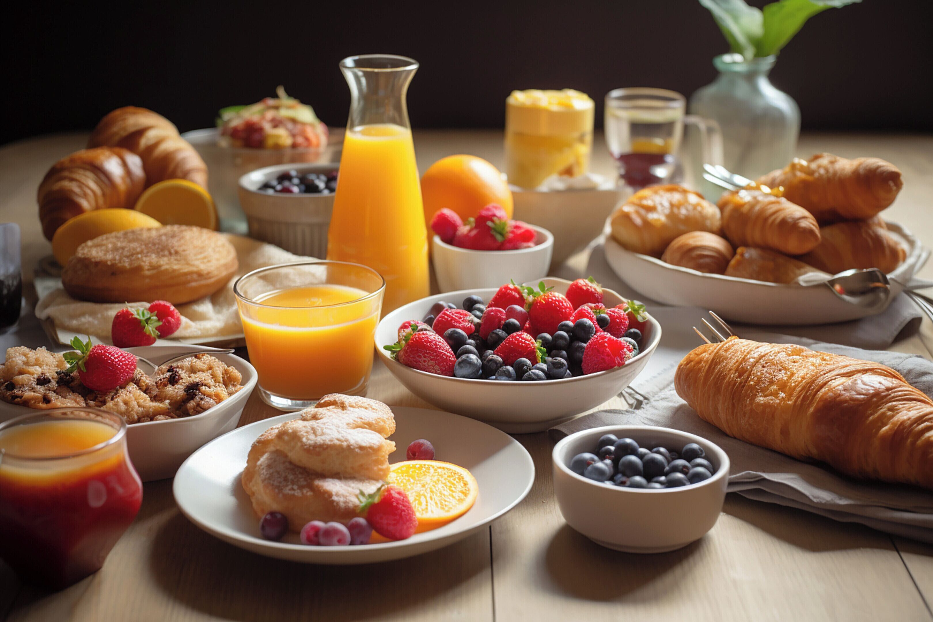 A breakfast table with croissants, pastries, fresh berries, and orange juice.