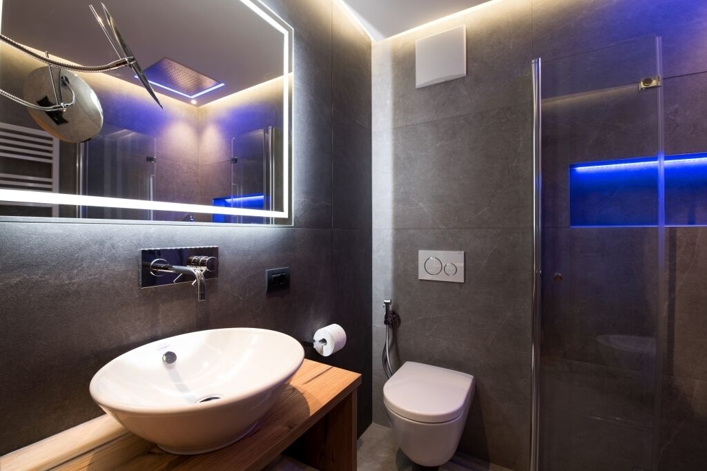 A modern bathroom with a large vessel sink, a toilet, and a glass-enclosed shower.