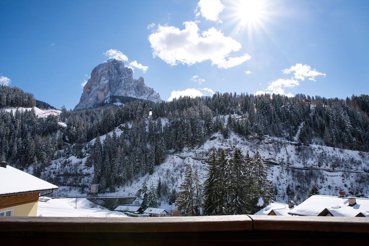 A mountain landscape with snow-covered trees and a prominent rocky peak.