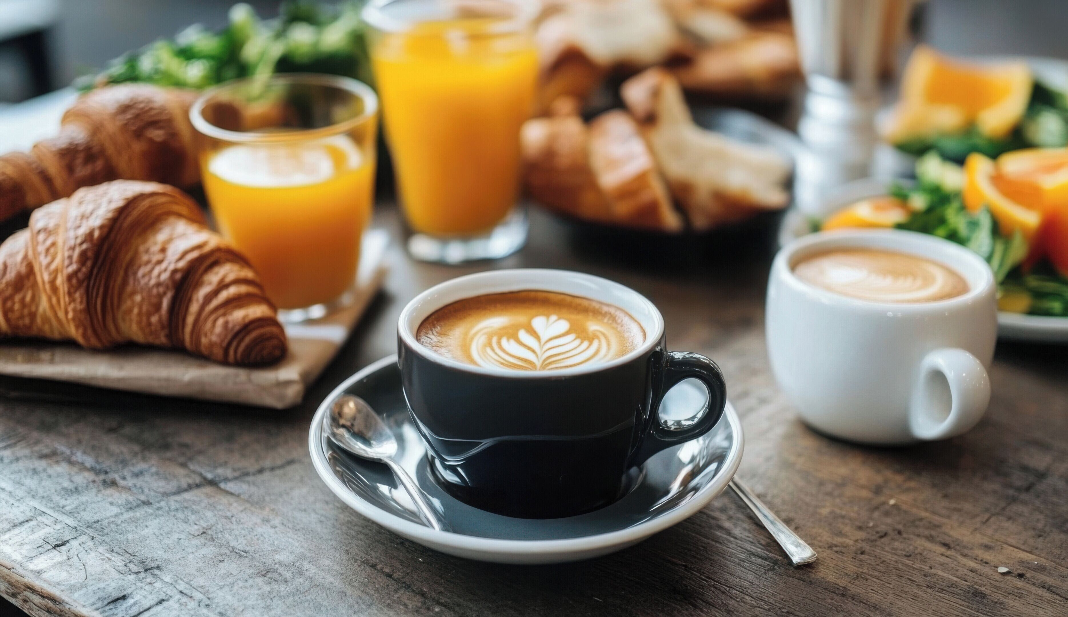A breakfast setting with croissants, orange juice, and coffee cups on a wooden table.