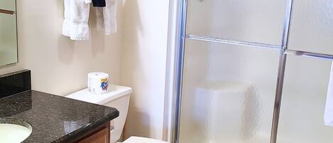 Ein Badezimmer mit Toilette, Waschbecken und Duschbereich.