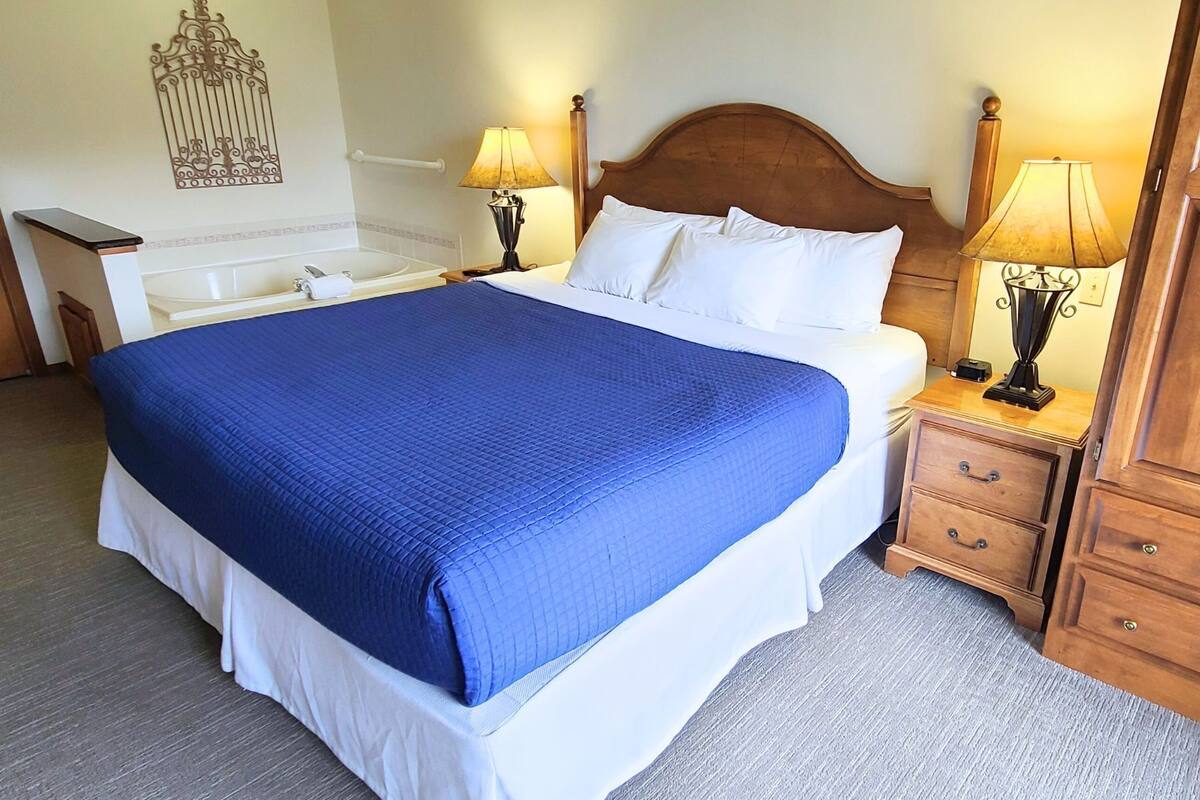 A large bed with a blue bedspread, two bedside lamps, a wooden nightstand with drawers, and a decorative wall piece.
