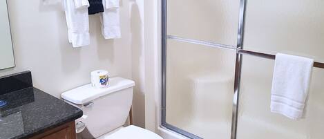 Une salle de bain avec des toilettes, une douche et un lavabo.