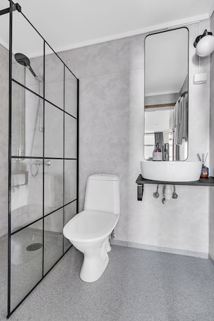 Shower, hair dryer, towels, soap. Lille Hotell