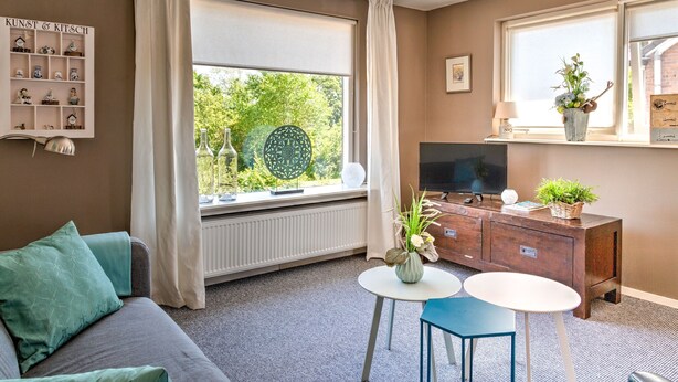 Un salon confortable avec un canapé, une petite table, un téléviseur et une fenêtre avec des rideaux.