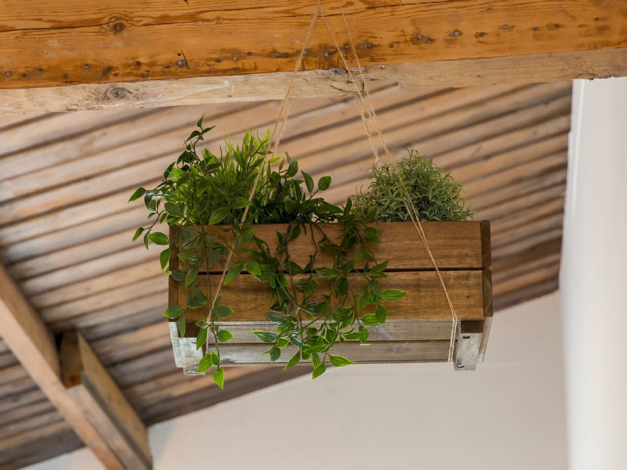 A wooden planter with plants hanging from a ceiling beam.