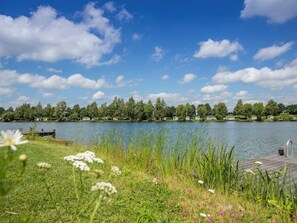 A lakeside view with a wooden dock, grassy areas with wildflowers, and a row of houses along the water's edge. - Cosy Holiday Home in Twente (Hoge Hexel)