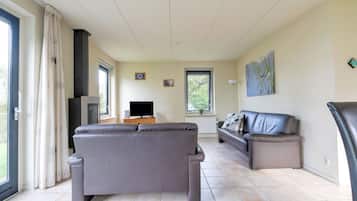 A living room with a grey sofa, a smaller grey sofa, a TV, and a fireplace.