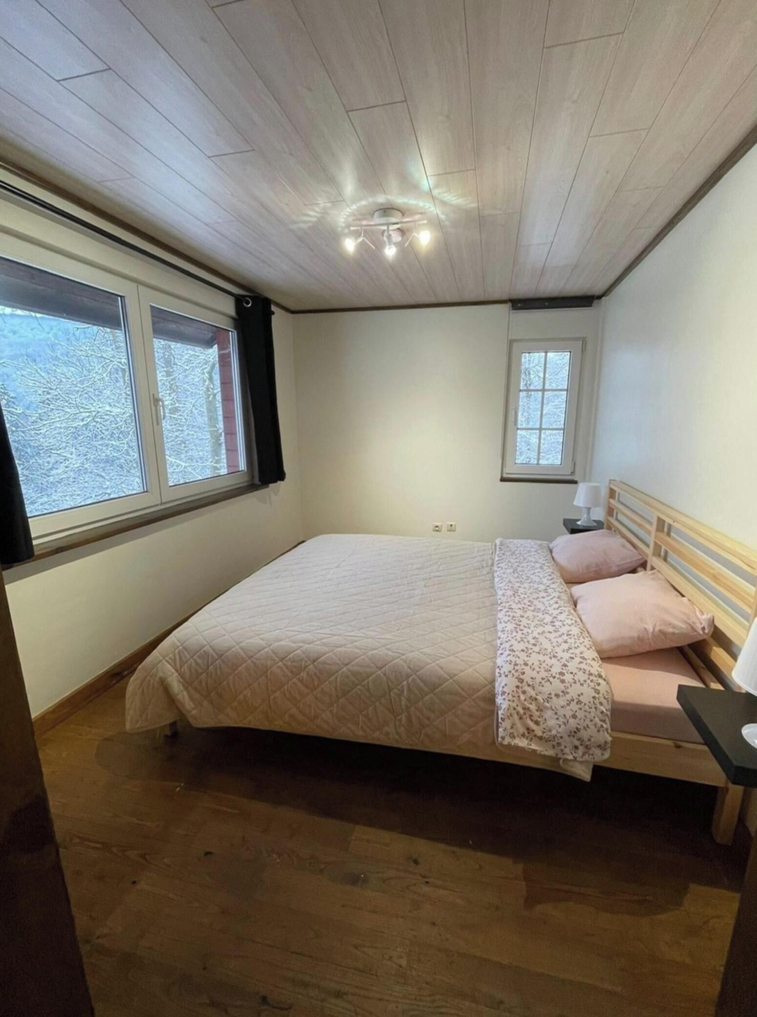 A bedroom with a bed, two windows, a ceiling light, and a nightstand with a lamp.