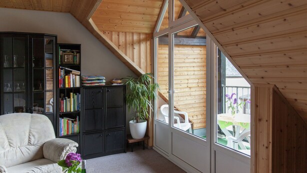 Une pièce chaleureuse avec un plafond haut, une grande fenêtre, une bibliothèque, un canapé et une plante en pot.