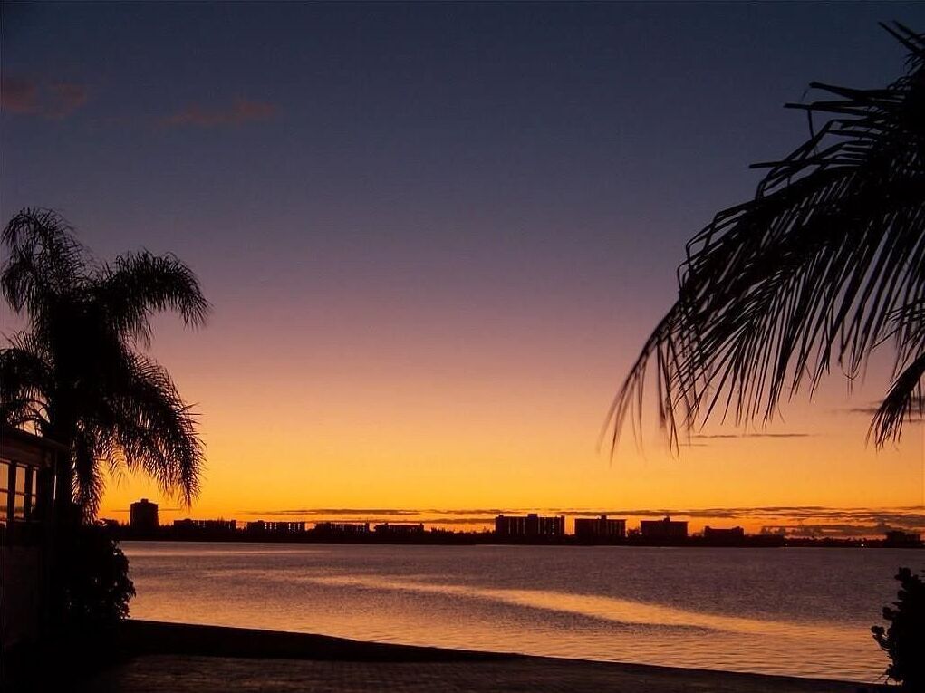 Una vista al atardecer sobre un cuerpo de agua, con siluetas de edificios y palmeras.