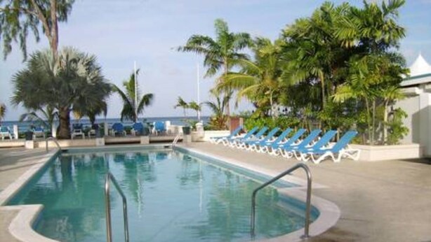 A swimming pool with blue lounge chairs and palm trees. - West Coast 1 Bedroom Apartment - Close to beach (66) (Holetown)