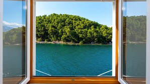 Ein Fenster mit Blick auf einen See und einen bewaldeten Hügel.