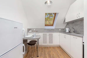 Fridge, stovetop, dishwasher, electric kettle