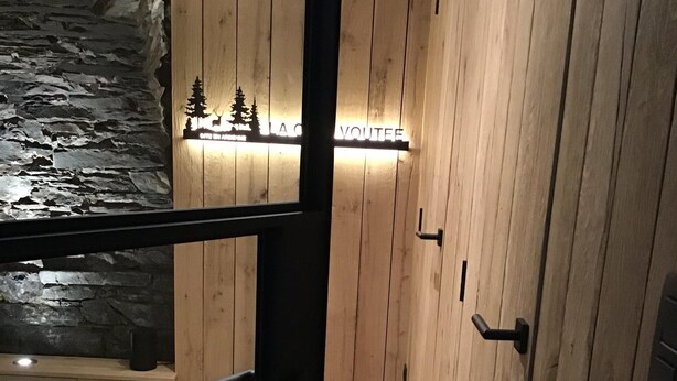 A modern interior with wooden panel walls, a stone wall feature, and a small tree decoration.