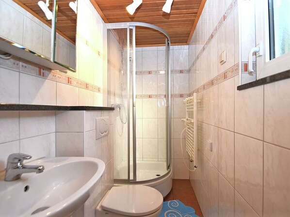 A bathroom with a shower, toilet, and sink. - Holiday Home With Parking (Harztor)