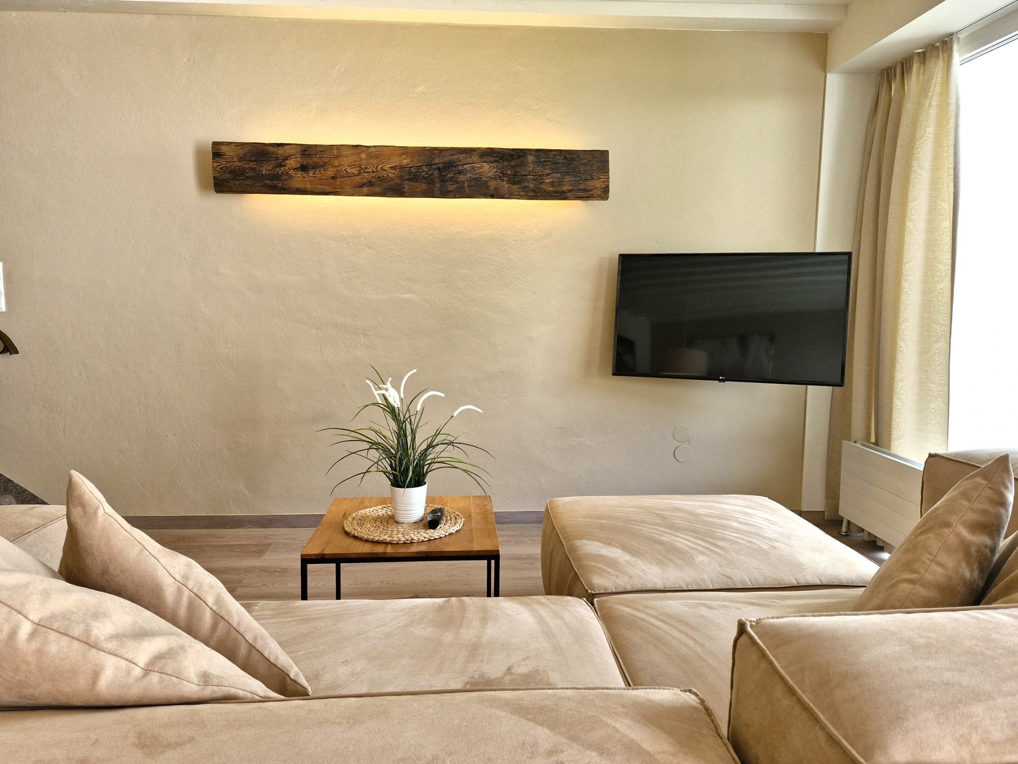 A living room with a sofa set, a small table with a plant, and a mounted TV.