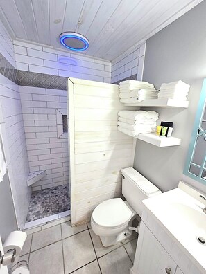 Shower, hair dryer, towels, soap