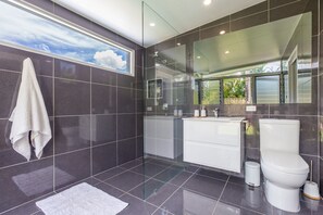A modern bathroom with dark tiles, a glass shower enclosure, a white toilet, and a large mirror. - Tropical Beachside Home - Pool, Wifi (Holloways Beach)