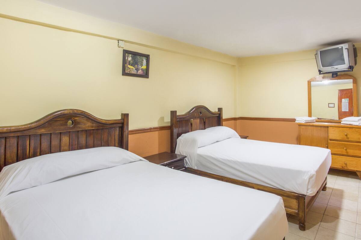 Habitación de hotel con dos camas de madera, un aparador de madera, un televisor y un cuadro en la pared.