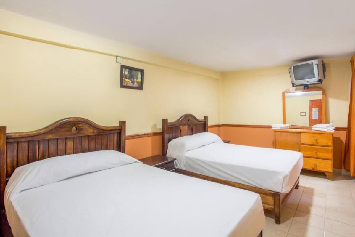 Una habitación con dos camas de madera, un tocador de madera, un televisor sobre un mueble bajo y un cuadro en la pared.