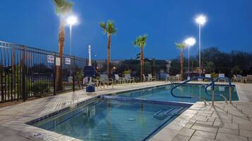 Outdoor pool, pool umbrellas, pool loungers