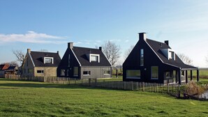 A row of modern houses with sloped roofs and large windows, set in a green field with a wooden fence. - Traditional Villa in Tzummarum near Sea (Tzummarum)
