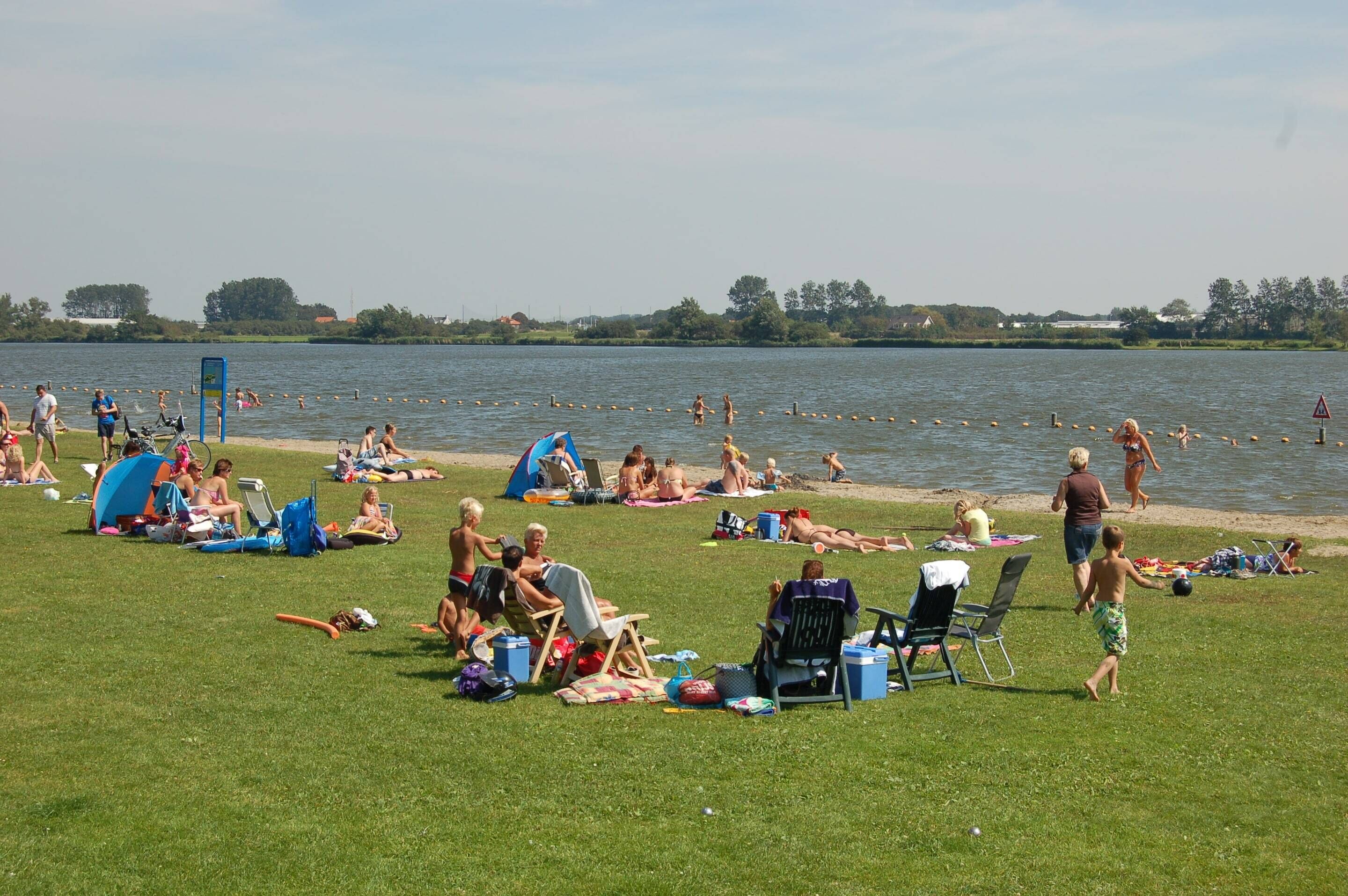 A grassy area with people relaxing and sunbathing near a lake.