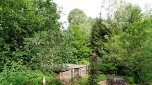 A rustic cabin surrounded by dense forest, with a small patio area featuring outdoor furniture. - Flat in Furstenwald Near Berlin Forest (Fürstenwalde/Spree)