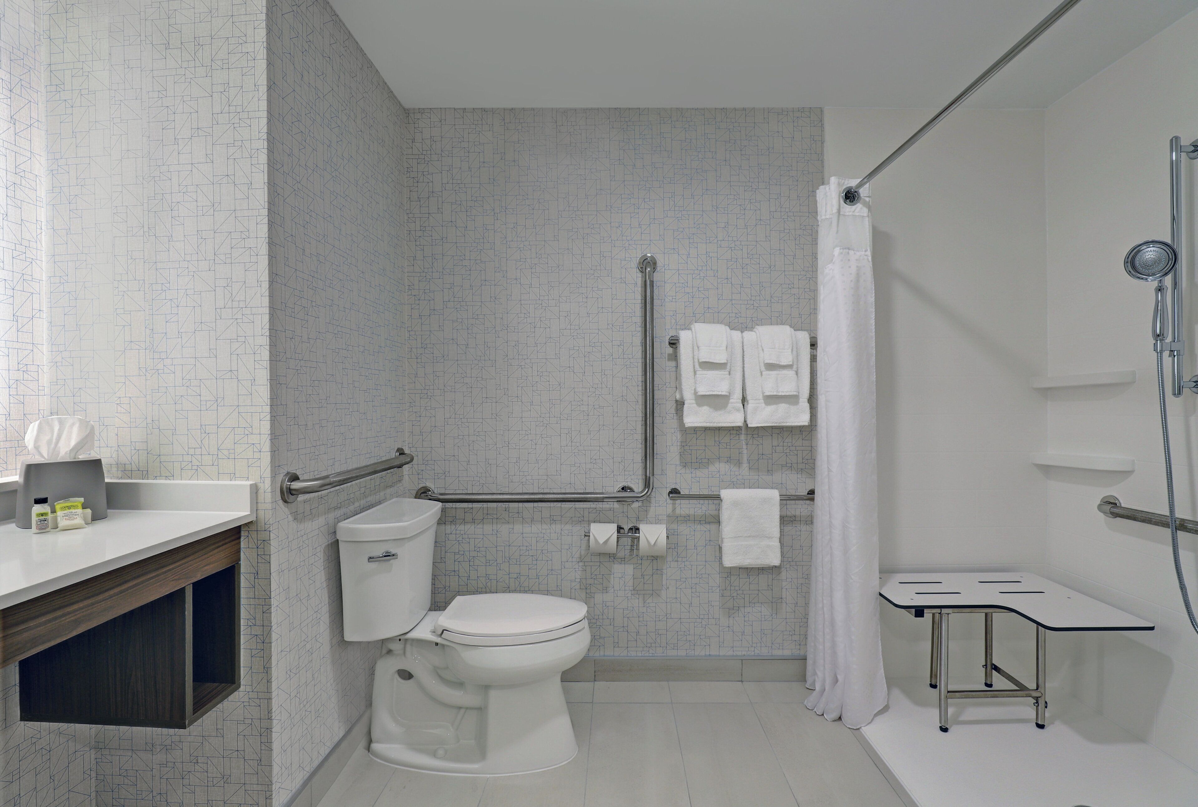 Une salle de bain moderne équipée de toilettes, d’un bidet, d’une douche et de barres d’appui.