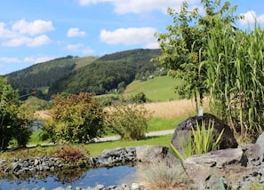 Escape to a serene natural oasis with a tranquil pond and rolling hills.