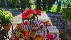 A table set outdoors with a view of trees and hills, a book, and a bowl of fruit.