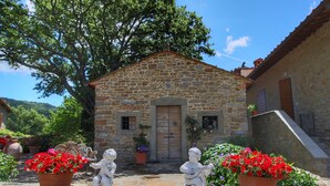A stone building with a wooden door and windows, surrounded by potted red flowers and a statue.