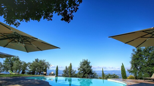 A swimming pool with lounge chairs and umbrellas, surrounded by trees and a clear sky.