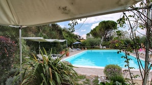A swimming pool with lounge chairs and umbrellas, surrounded by greenery and trees. - Pet-friendly Cottage With Pool (Bettona)