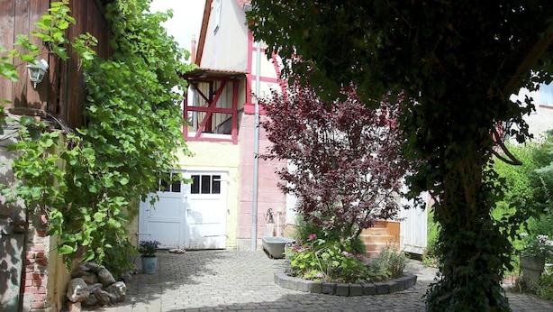 Un cortile in pietra con una porta bianca, un edificio in legno con tetto rosso e un albero dalle foglie viola.