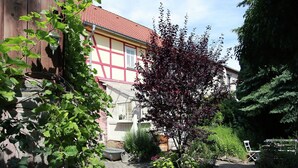 Un cortile con un giardino, una carriola e un edificio con tetto rosso.