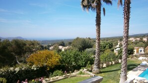 A poolside area with a stone balustrade, palm trees, and a view of a residential area with houses and greenery. - DUPLEX APARTMENT, SEA VIEW (La Cadière-d'Azur)