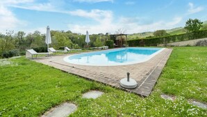 Una piscina rectangular con un borde de baldosas, rodeada de césped con flores blancas. Se observan sillones de descanso y sombrillas.