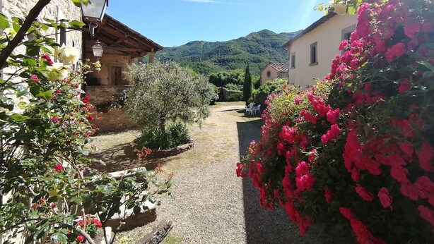 A narrow cobblestone path flanked by rustic stone buildings with flowering plants and a mountainous backdrop. - Comfortable Home in San Godenzo near Lake (San Godenzo)