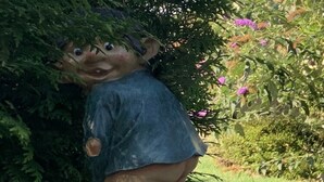 A garden statue of a child partially hidden by foliage. - Cozy Apartment in Kägsdorf near Sea (Bastorf)