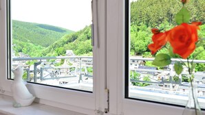 Una ventana con vista a un paisaje verde y un puente.