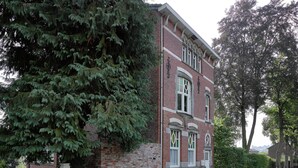 A red brick building with white window frames and a large tree in front. - Stavelot Sauna & Garden Stay (Stavelot)