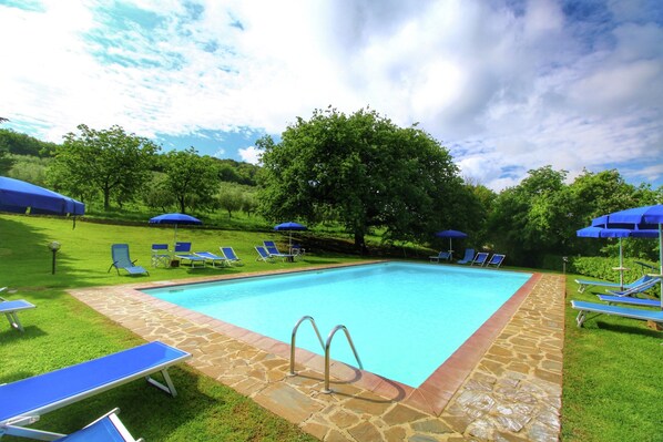 Piscina con sillas de descanso y sombrillas, rodeada por un borde de piedra y césped.