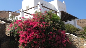 Um edifício branco com uma parede de pedra e flores cor-de-rosa na frente.