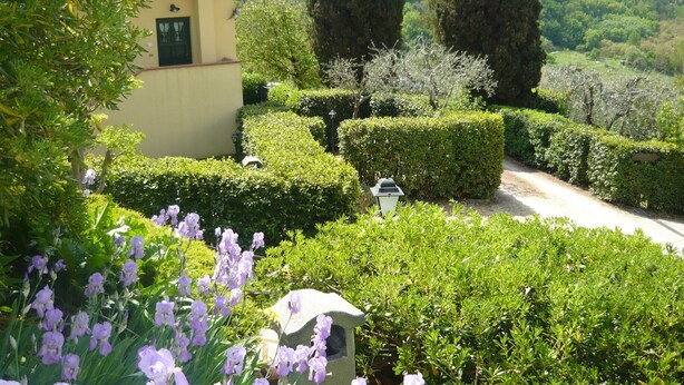 Un giardino con siepi curate, un vialetto e un edificio con un camino.