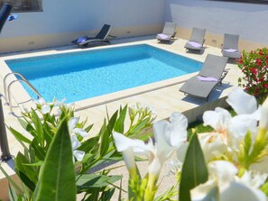 A swimming pool with lounge chairs and a poolside area with flowers. - Cozy Holiday Home in Valtura With Swimming Pool (Liznjan)