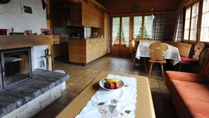 Chalet | Living room | Fireplace, DVD player - Stylish Chalet in Achseten Höchst With Terrace (Frutigen)