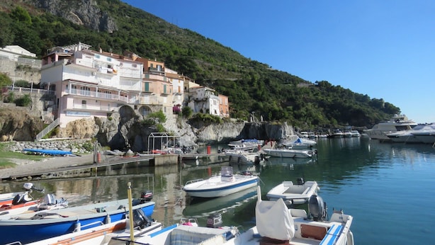 Uma marina costeira com barcos atracados, um morro rochoso com edifícios e um céu azul claro.